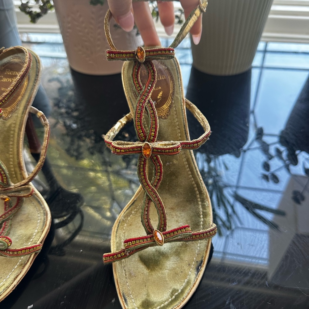 Rene Caovilla Gold and Red Strappy Sandals